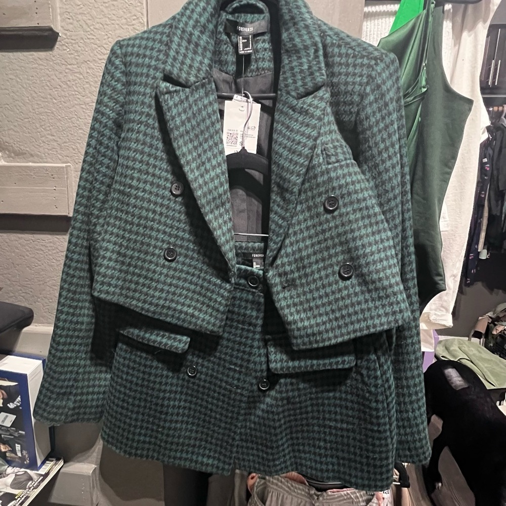 Forever 21 Green Houndstooth Double-Breasted Pea Coat